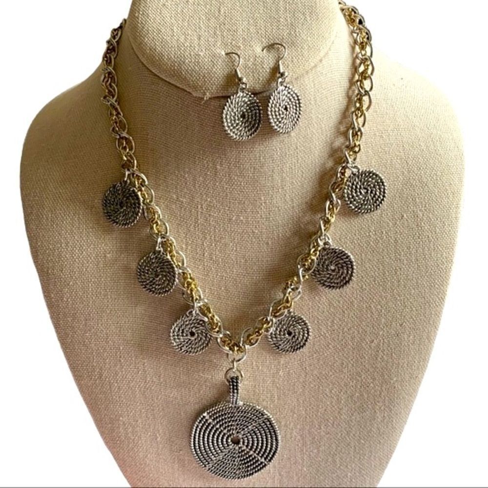 Silver Tone With Gold Tone Disk Necklace  Pierced Earring Set